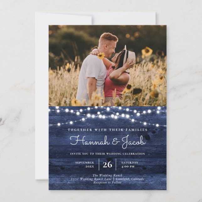 Rustic Navy Blue Barn Wood String Lights Photo Invitation (Front)