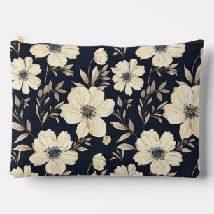 Rustic Navy Blue Beige Wildflower Meadow Dark Flor Accessory Pouch