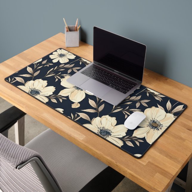 Rustic Navy Blue Beige Wildflower Meadow Dark Flor Desk Mat (Office 2)