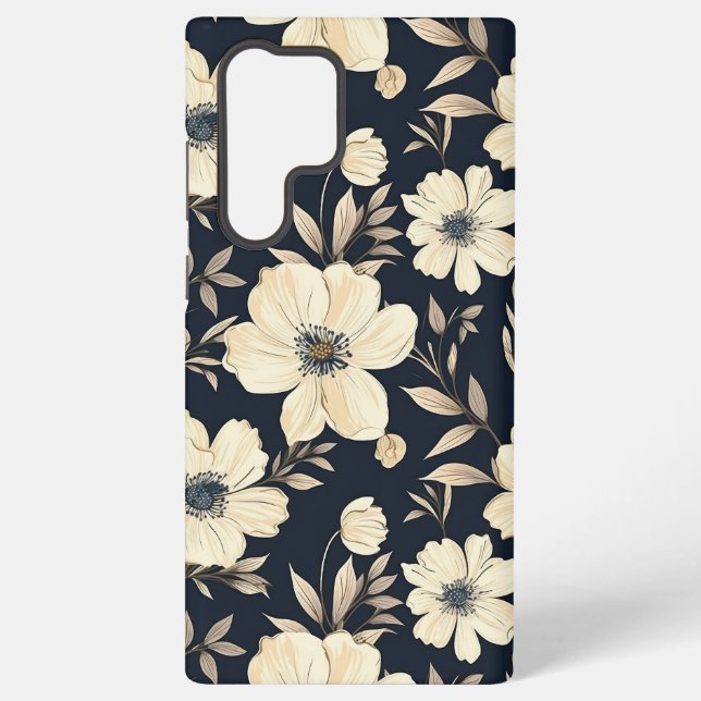 Rustic Navy Blue Beige Wildflower Meadow Dark Flor Samsung Galaxy S22 Ultra Case (Back)