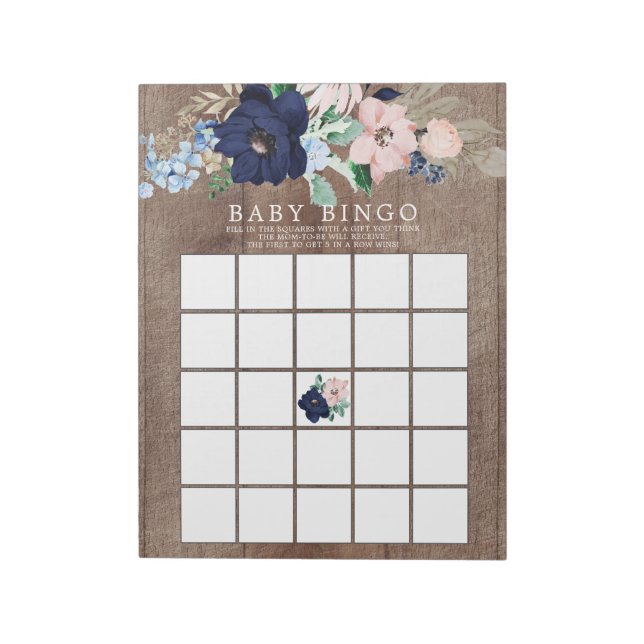 Rustic Navy Blue & Blush Baby Shower Bingo Game Notepad (Rotated)
