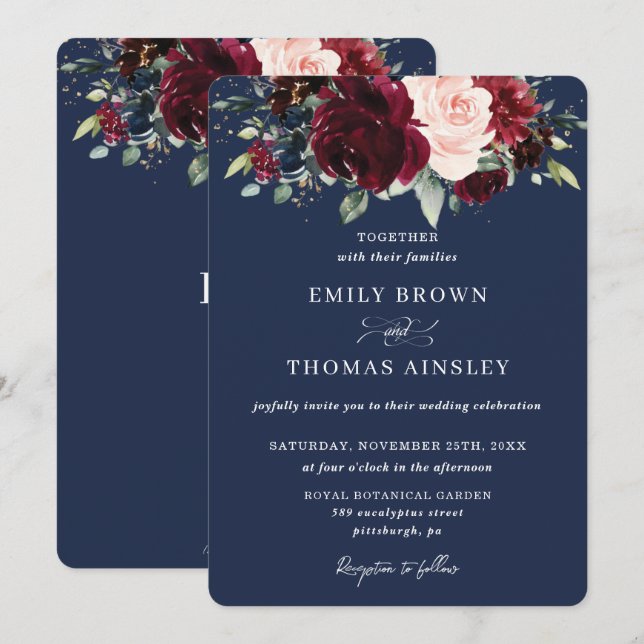 Rustic Navy Blue Blush Burgundy Floral Wedding  Invitation (Front/Back)