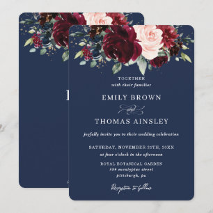 Rustic Navy Blue Blush Burgundy Floral Wedding Invitation
