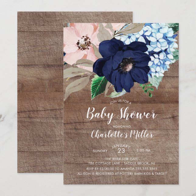 Rustic Navy Blue & Blush Floral Baby Shower Invitation (Front/Back)