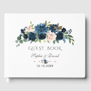 Rustic Navy Blue Blush Flowers Bloom Wedding Guest Book