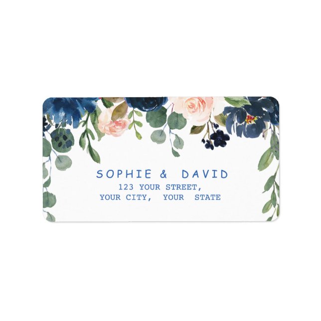 Rustic Navy Blue Blush Flowers Bloom Wedding Label (Front)