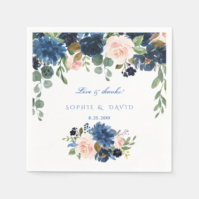 Rustic Navy Blue Blush Flowers Bloom Wedding Napkin (Front)
