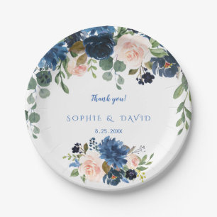 Rustic Navy Blue Blush Flowers Bloom Wedding Paper Plate