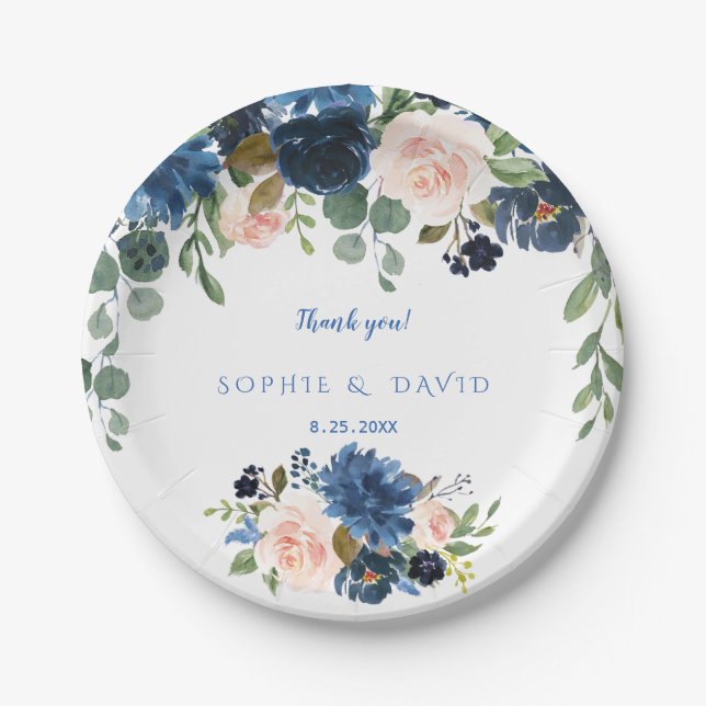 Rustic Navy Blue Blush Flowers Bloom Wedding Paper Plate (Front)