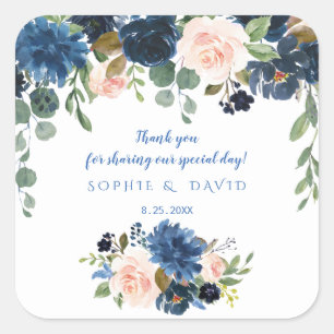 Rustic Navy Blue Blush Flowers Bloom Wedding Square Sticker