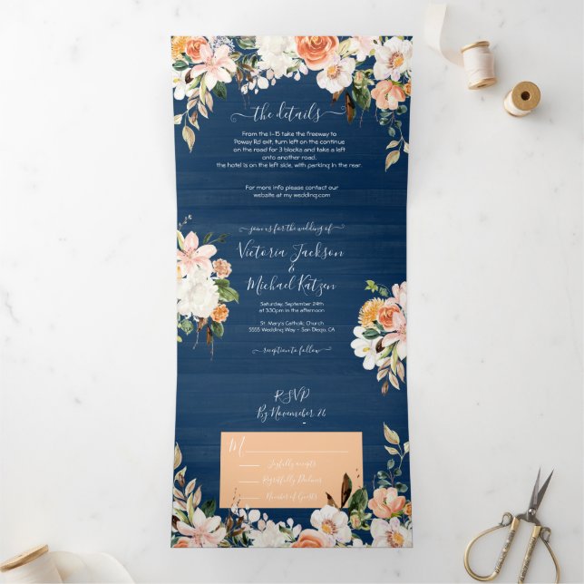 Rustic Navy Blue Blush & Peach Wedding Tri-Fold Invitation (Inside)