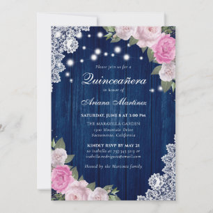 Rustic Navy Blue Blush Pink Floral Quinceañera Invitation