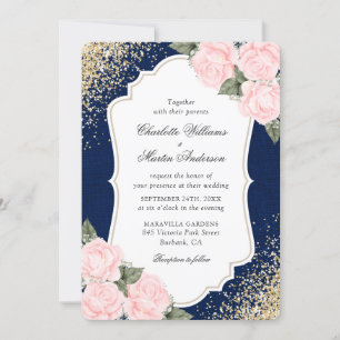 Rustic Navy Blue Blush Roses Burlap Wedding Invitation