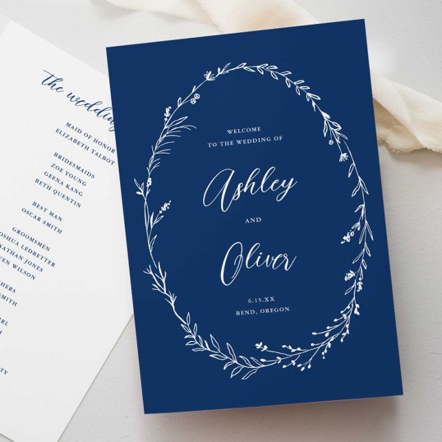 Rustic Navy Blue Boho Wildflower Wreath Wedding Programme (Creator Uploaded)
