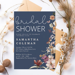 Rustic Navy Blue Boho Wildfolwer Bridal Shower Invitation