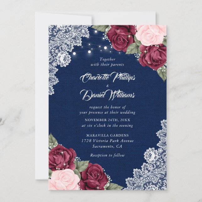 Rustic Navy Blue Burgundy Blush Burlap Wedding Invitation (Front)