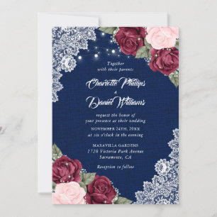 Rustic Navy Blue Burgundy Blush Burlap Wedding Invitation
