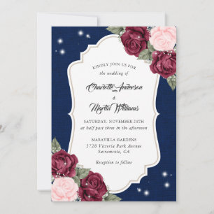 Rustic Navy Blue Burgundy Blush Burlap Wedding Invitation