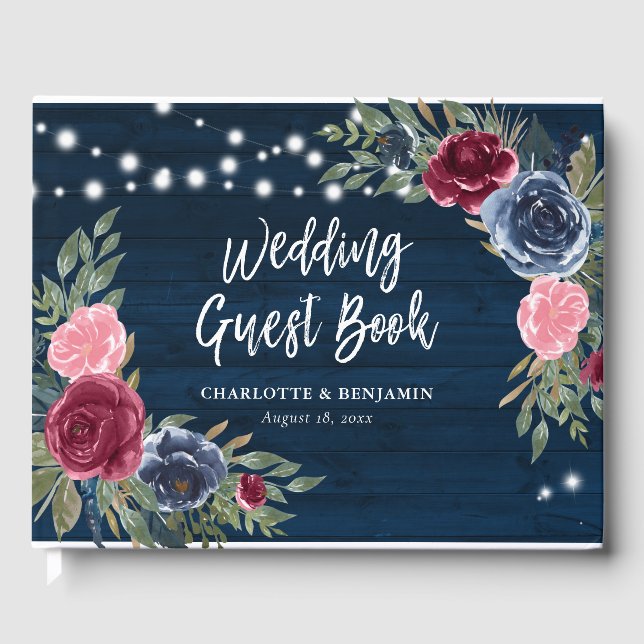 Rustic Navy Blue Burgundy Blush Floral Wedding Guest Book (Front)