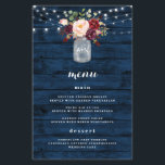 Rustic Navy Blue Burgundy Blush Wedding Menu Cards<br><div class="desc">Design features a rustic navy blue wood grain background with twinkle string lights at the top. Design also features a beautiful mason jar filled with burgundy,  red,  plum,  and blush peonies and roses with eucalyptus botanical greenery. Change the demo initials to your very own.</div>