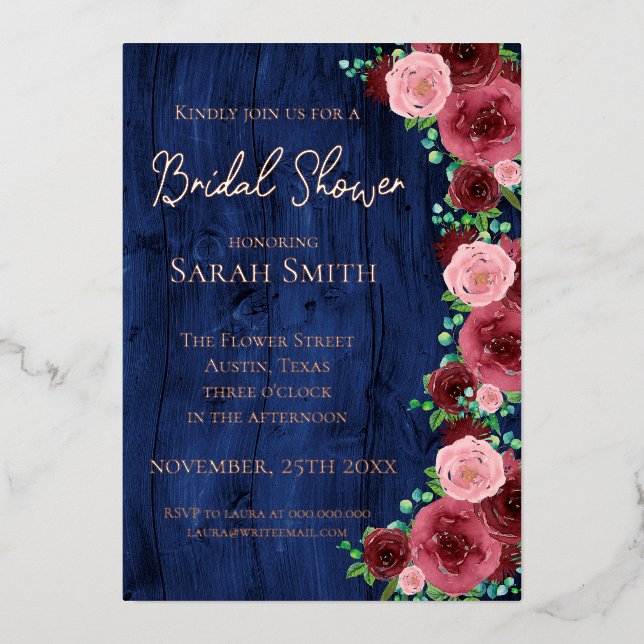 Rustic Navy Blue Burgundy Bridal Shower Rose Gold (Front)