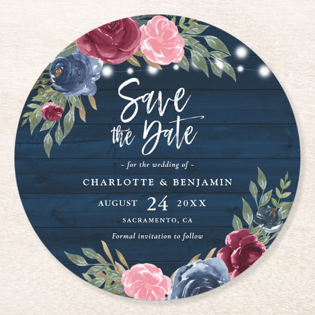 Rustic Navy Blue Burgundy Floral Save The Date Round Paper Coaster (Front)