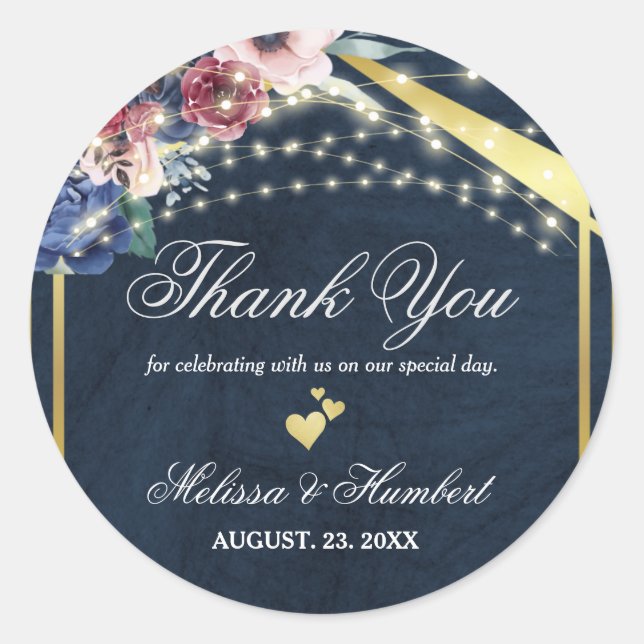 Rustic Navy Blue Burgundy String Lights Wedding Classic Round Sticker (Front)