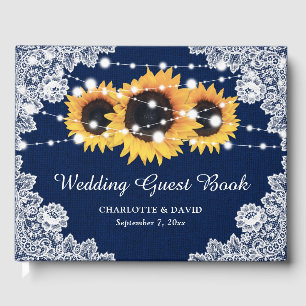 Rustic Navy Blue Burlap and Lace Sunflower Wedding Guest Book