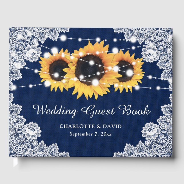 Rustic Navy Blue Burlap and Lace Sunflower Wedding Guest Book (Front)