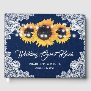 Rustic Navy Blue Burlap and Lace Sunflower Wedding Guest Book