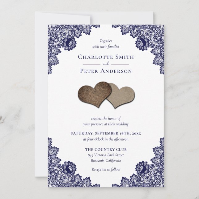 Rustic Navy Blue Burlap and Lace Wedding Invitation (Front)