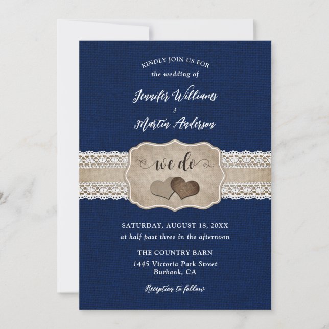 Rustic Navy Blue Burlap and Lace Wedding Invitation (Front)