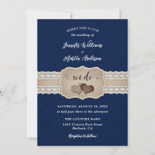 Rustic Navy Blue Burlap and Lace Wedding Invitation