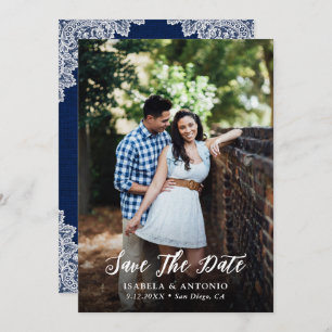 Rustic Navy Blue Burlap and Lace Wedding Photo Save The Date