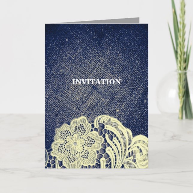 rustic navy blue burlap lace country wedding invitation (Front)