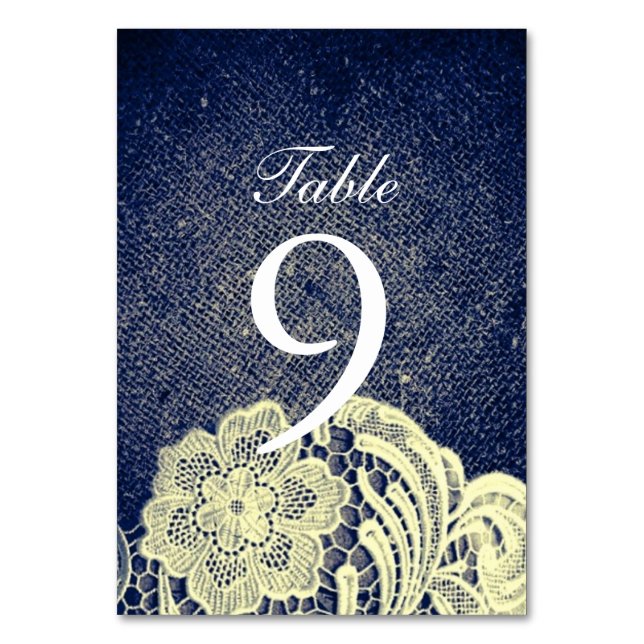 rustic navy blue burlap lace country wedding table number (Front)