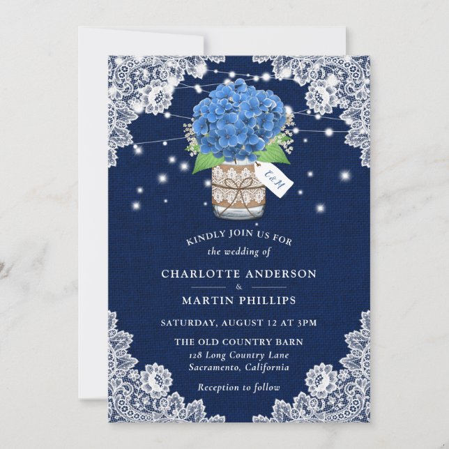 Rustic Navy Blue Burlap Lace Hydrangea Wedding Invitation (Front)