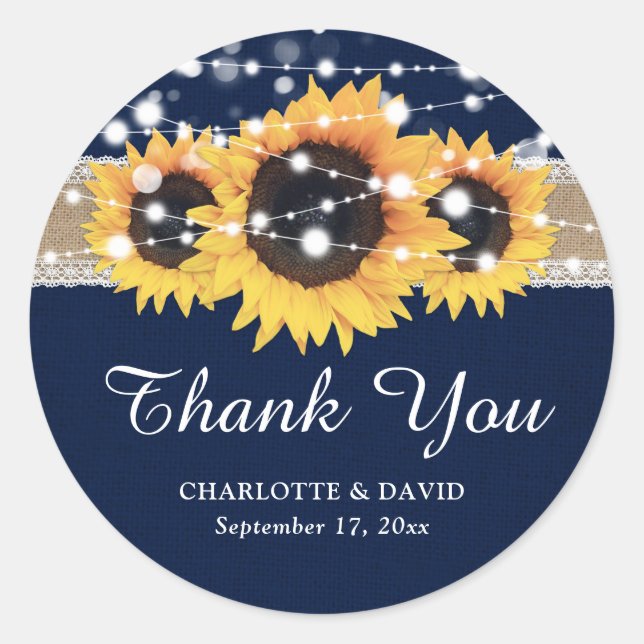 Rustic Navy Blue Burlap Lace Sunflower Wedding Classic Round Sticker (Front)