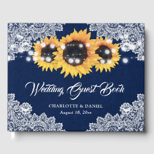 Rustic Navy Blue Burlap Lace Sunflower Wedding Guest Book