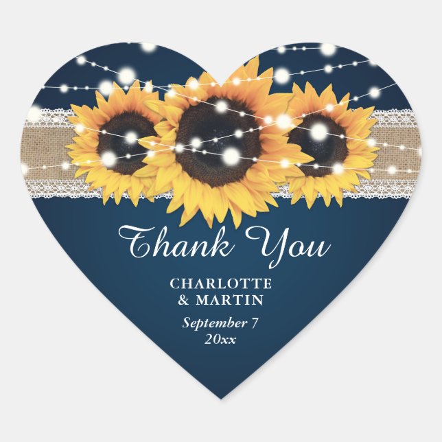 Rustic Navy Blue Burlap Lace Sunflower Wedding Heart Sticker (Front)