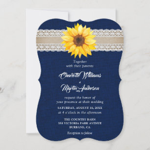 Rustic Navy Blue Burlap Lace Sunflower Wedding Invitation