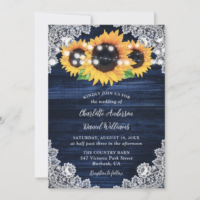 Rustic Navy Blue Burlap Lace Sunflower Wedding Invitation (Front)