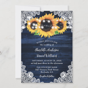 Rustic Navy Blue Burlap Lace Sunflower Wedding Invitation