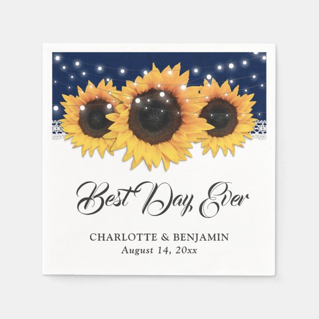 Rustic Navy Blue Burlap Lace Sunflower Wedding Napkin (Front)