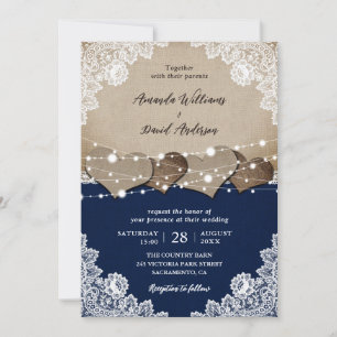Rustic Navy Blue Burlap Lace Wedding Invitation