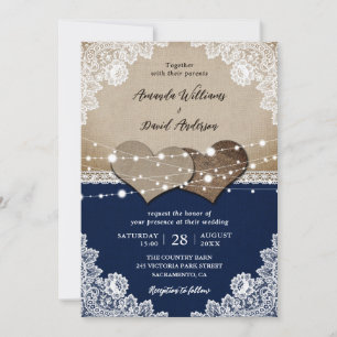 Rustic Navy Blue Burlap Lace Wedding Invitation