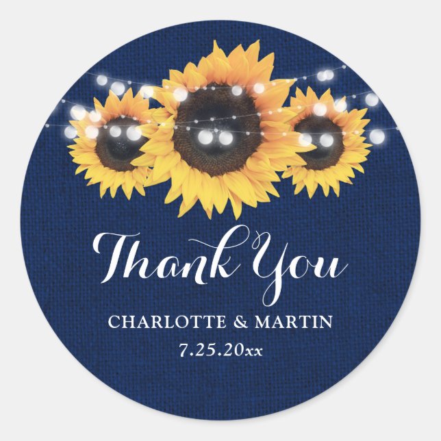Rustic Navy Blue Burlap Sunflower Wedding Favour Classic Round Sticker (Front)