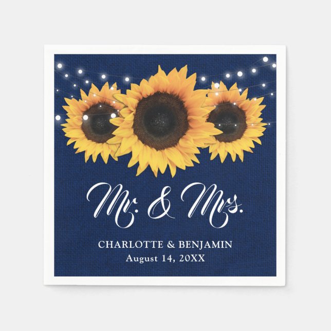 Rustic Navy Blue Burlap Sunflower Wedding Napkin (Front)