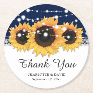 Rustic Navy Blue Burlap Sunflower Wedding Round Paper Coaster