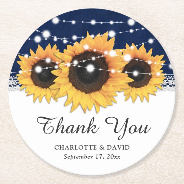 Rustic Navy Blue Burlap Sunflower Wedding Round Round Paper Coaster (Front)